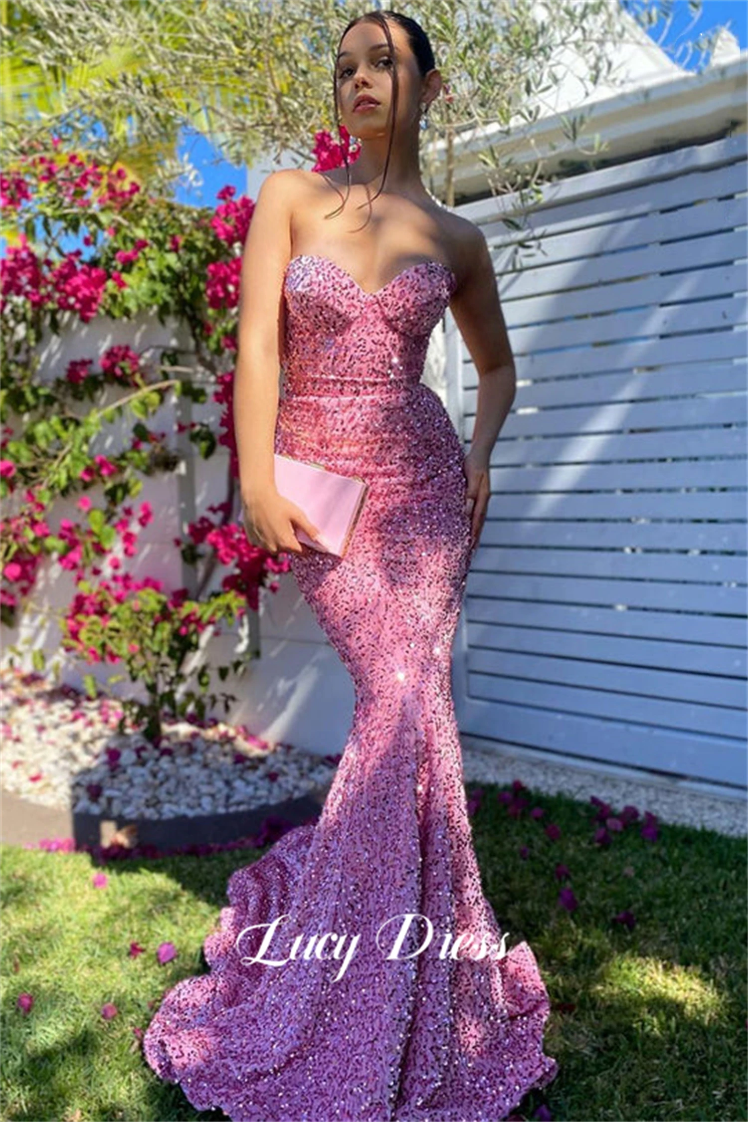 

Lucy Pink Party Dress Ball Gown Evening Mermaid Strapless Sequined Fabric Dresses for Dancing Parties Sharon Said Formal Long