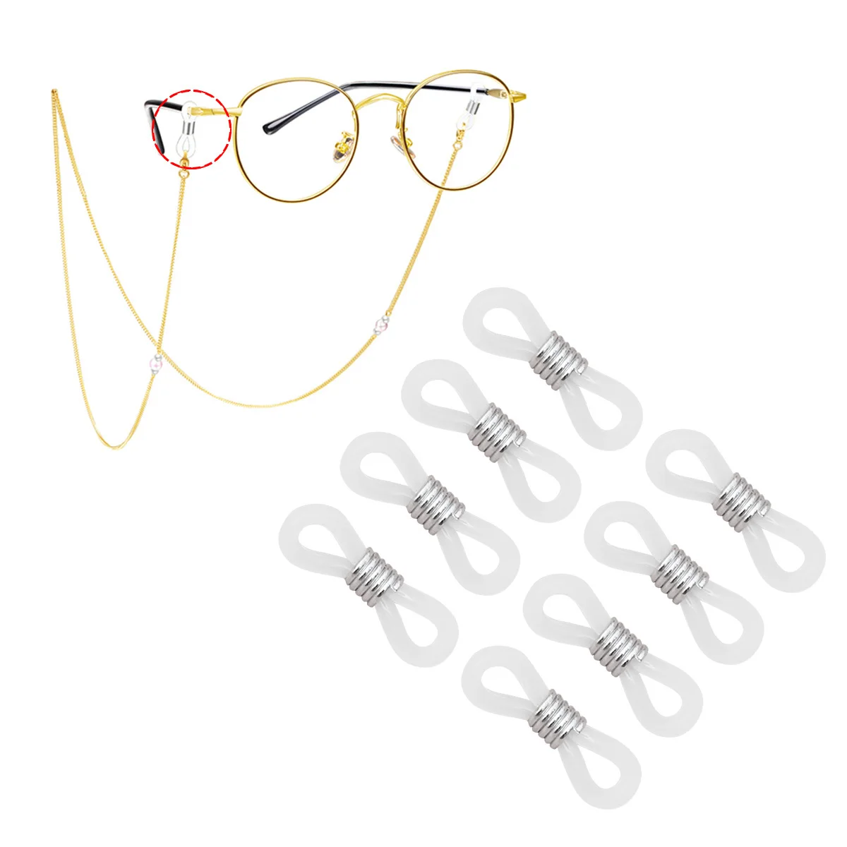 

100Pcs Eyeglasses Chain Anti-Slip Ring Silicone Adjustable Fixing Holder for Glasses Temples Non-Slip Eyeglass Cord Tying Ring