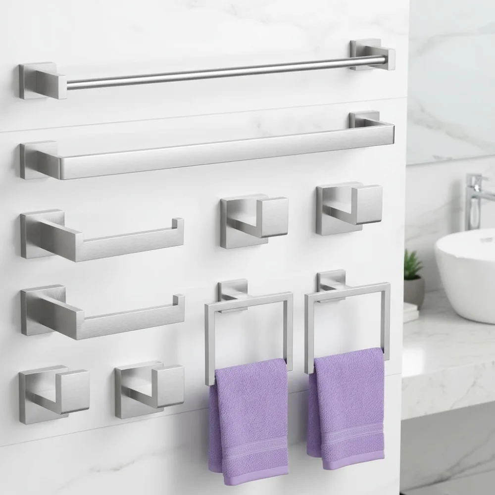 

10-Piece Brushed Nickel Bathroom Set, 23.6" Towel Bar, Stainless Steel Wall Mounted Hardware for Modern Homes