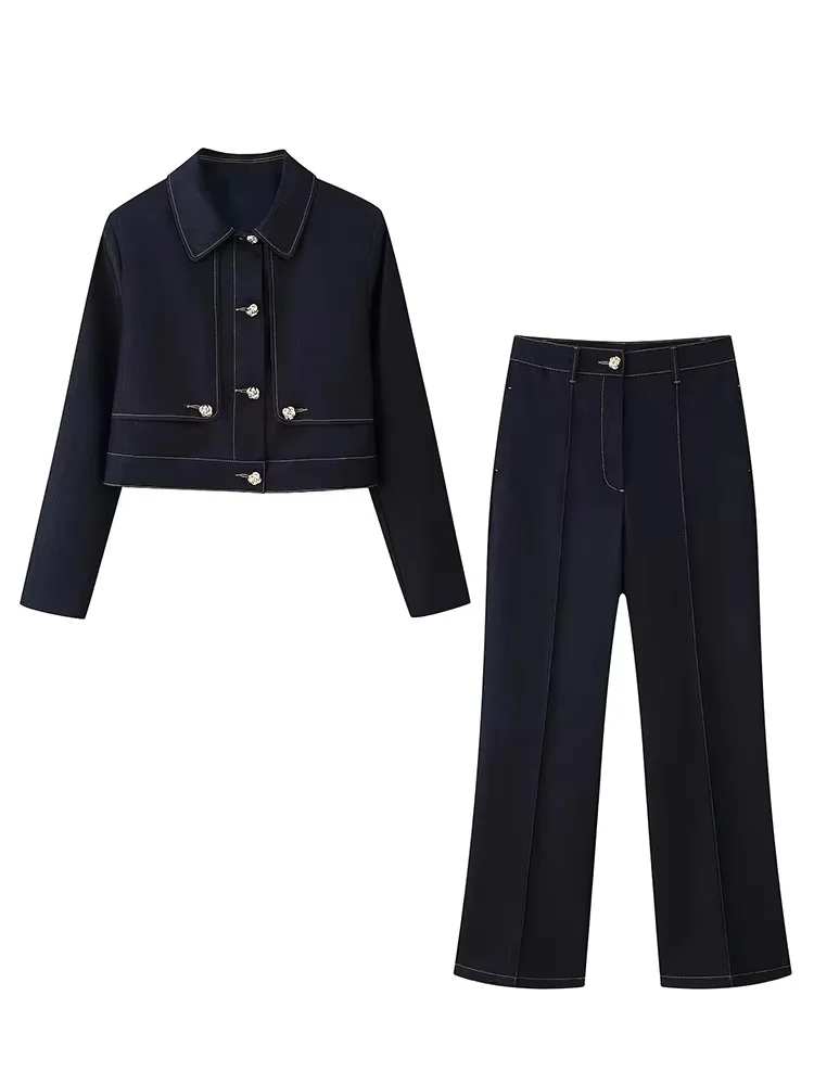 

HH Summer Women Fashion Lapel Single-breasted Long Sleeve Coat+Elastic Waist Slim Pockets Zipper Solid Denim 2-Piece Set