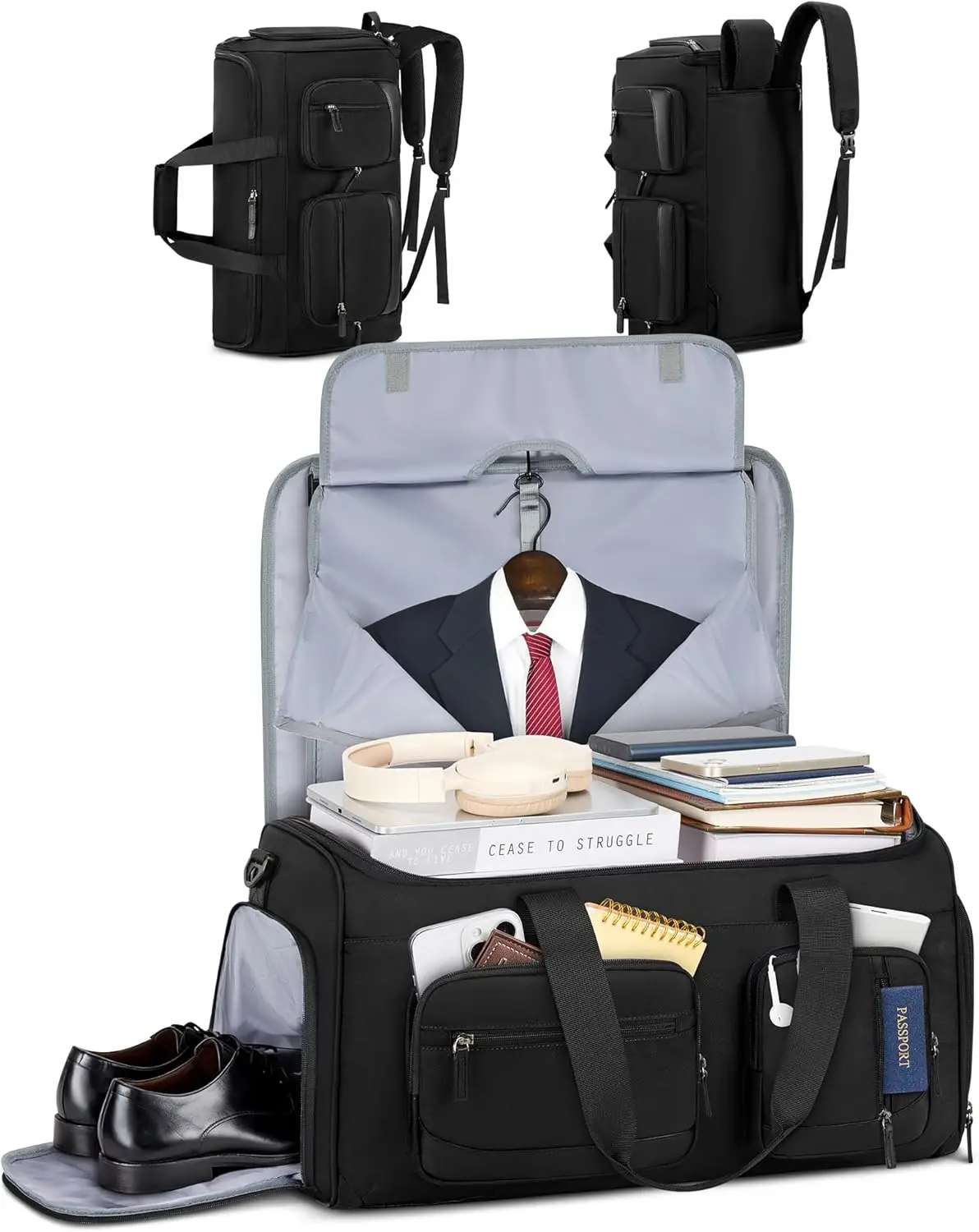 

45L Convertible Garment Duffle Bag for Travel, 3-in-1 Suit Luggage with Shoulder Strap, Carry-On for Business Trips, Black