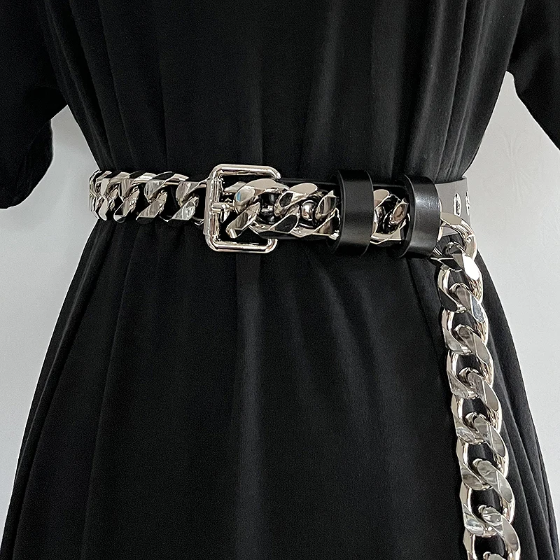 

2023 Brand Design Cow Leather Wide Chain Partchwork Waist Belt Women PUnk Casual Street Shirt Chain Waistband Cowhide Ceinture