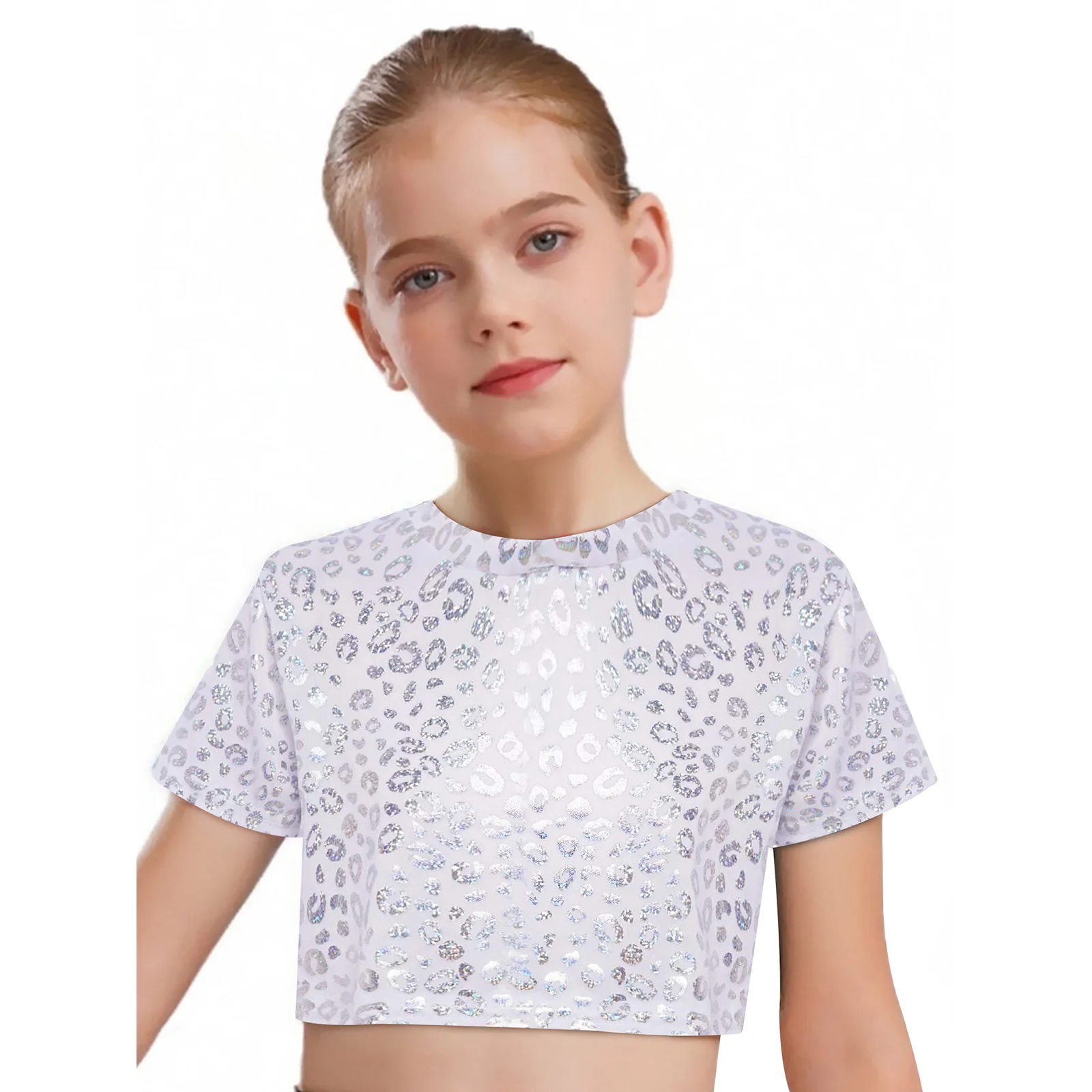 เด็กสาวเชียร์ลีดเดอร์ชุดเต้นรํา METALLIC Leopard พิมพ์แขนสั้น Crop TOP เสื้อ + กระโปรง Ruffled JAZZ DISCO Dance เครื่องแต่งกาย