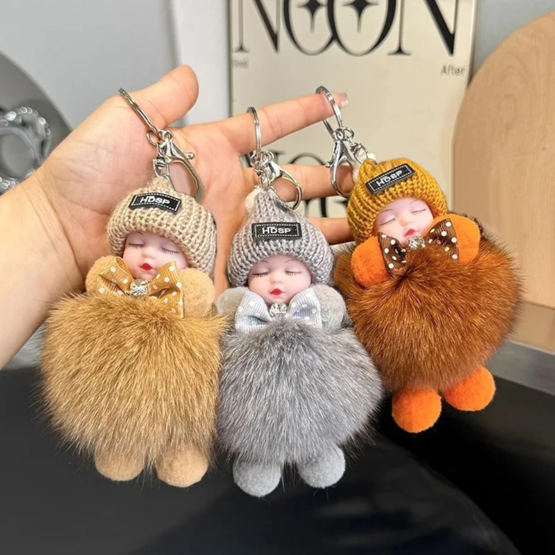 Sleeping Baby Keychain Cute Soft Fluffy Plush Doll Key Ring Women Girl Bags Pendant Backpack Accessories Gifts