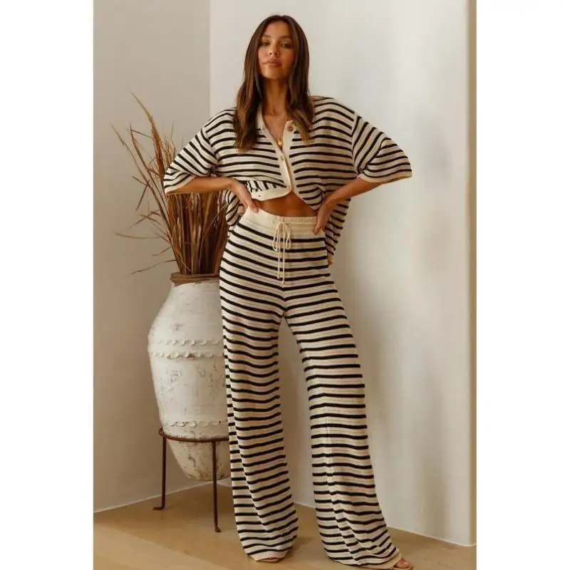 

Casual Knitted Two-Piece Set for Women Stripe Pattern Comfortable Autumn Sportswear ort Sve T-irt And orts Combo