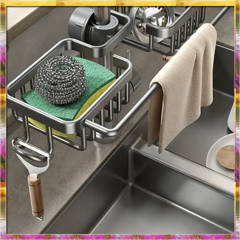 ABSU المطبخ الفضاء الألومنيوم بالوعة استنزاف رف الإسفنج تخزين صنبور حامل تجفيف الصابون الرف سلة المنظم #2