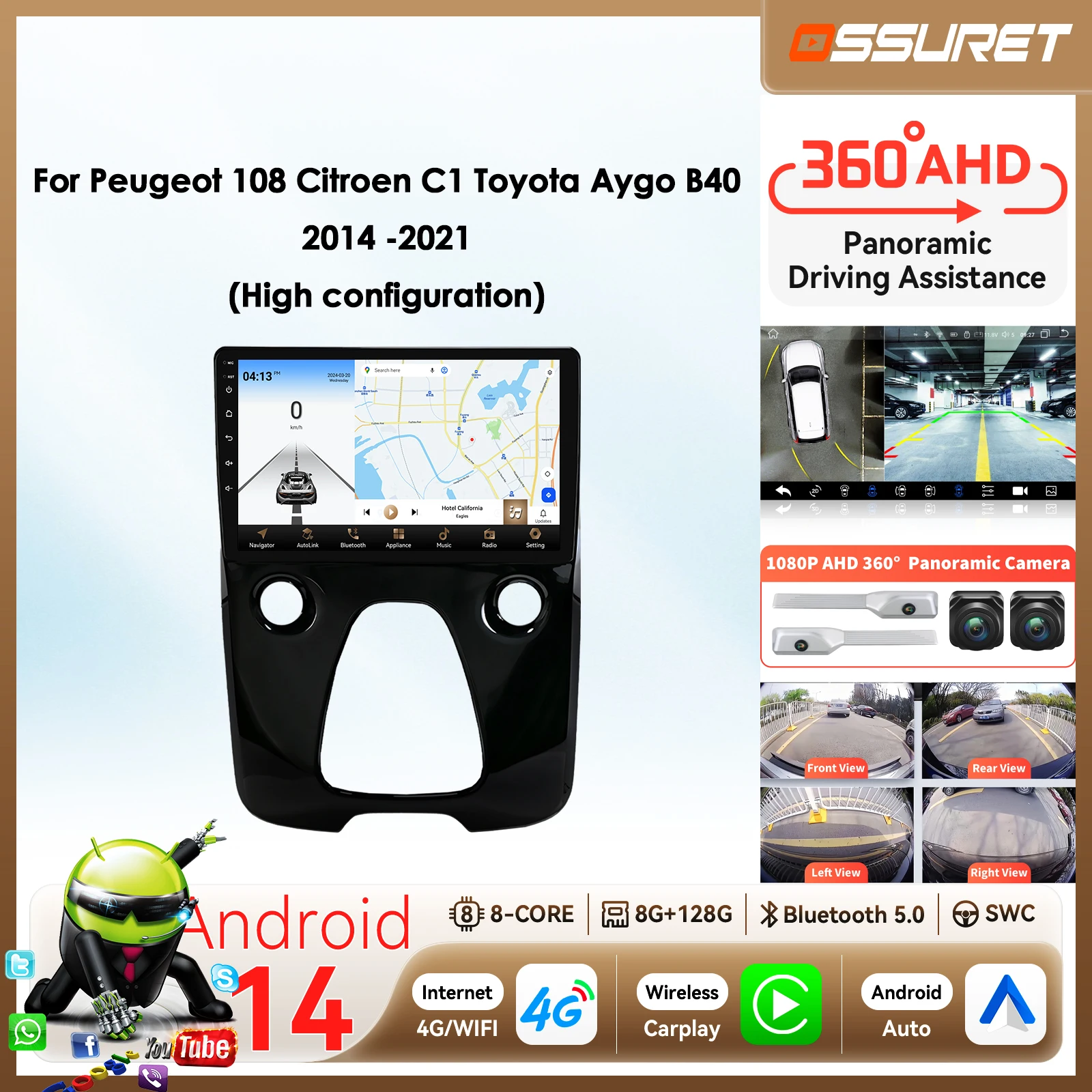 2din Android Auto-Radiosysteme für Peugeot 108 Citroen C1 Toyota Aygo B40 2014-2021 Carplay Auto-Multimedia-Player