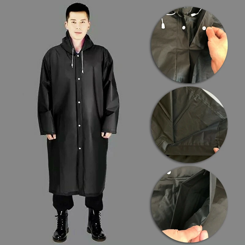 Black Waterproof Raincoat Unisex Outdoor Rainwear EVA Cloth Hoodie Long Rain Hiking Travel Fishing Climbing Rain Jacket Hooded