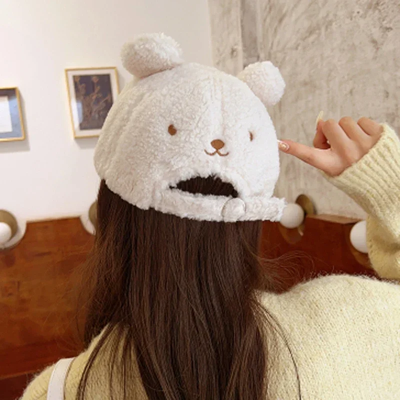 Baseball Cap Female South Korean Bear Before and After Wearing A Cap with A Duck Tongue Japanese Cute Little Cartoon  Winter Hat