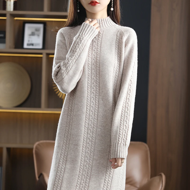 Autumn Winter New Over-the-knee Cashmere Sweater Women's Half-turtleneck Sweater Dreses Solid Color Pullover Long Knitted Dress