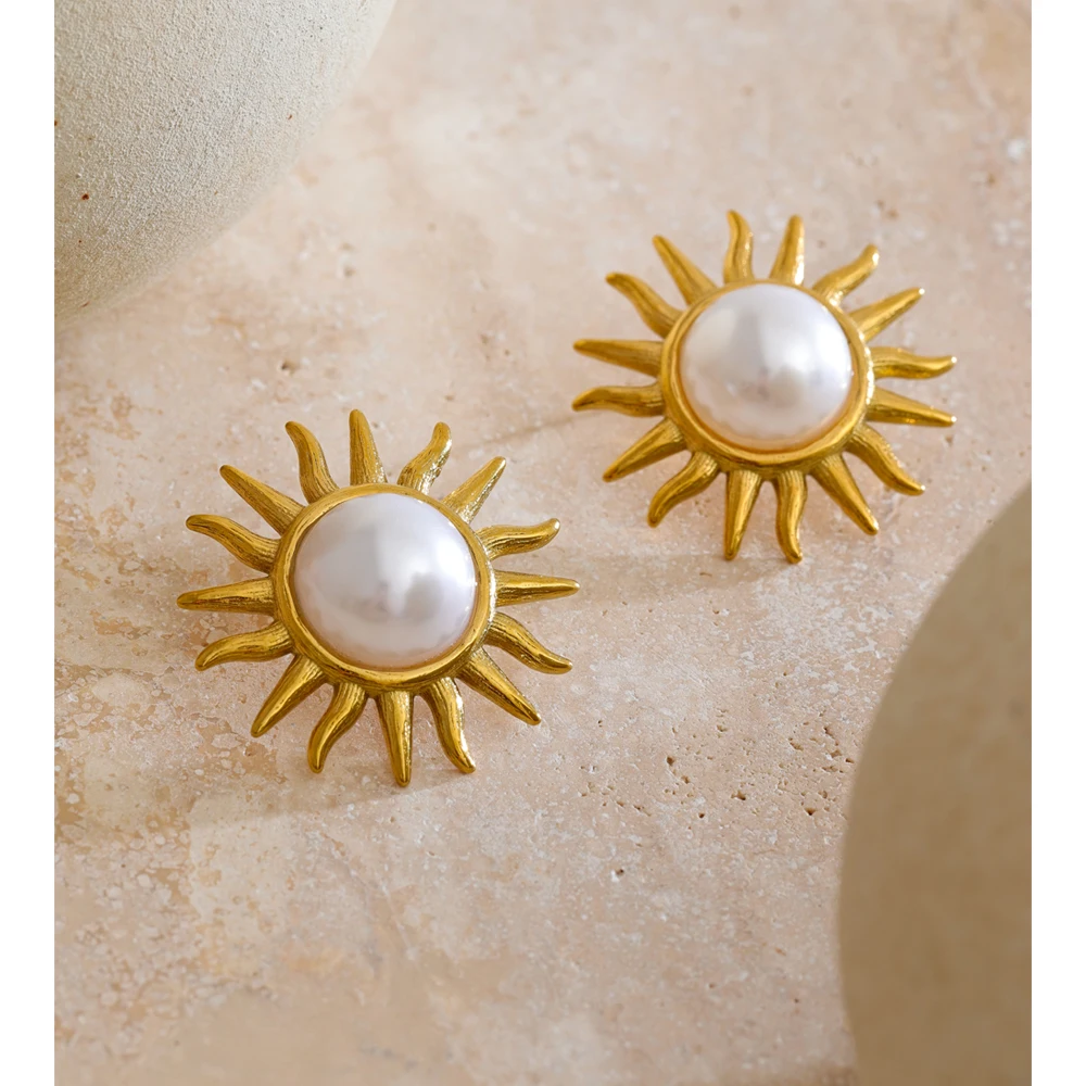 Yhpup Stainless Steel Simulated Pearls Sun Stud Earrings 18K Golden PVD Plated Trending Statement Jewelry Gift Prevent Allergy
