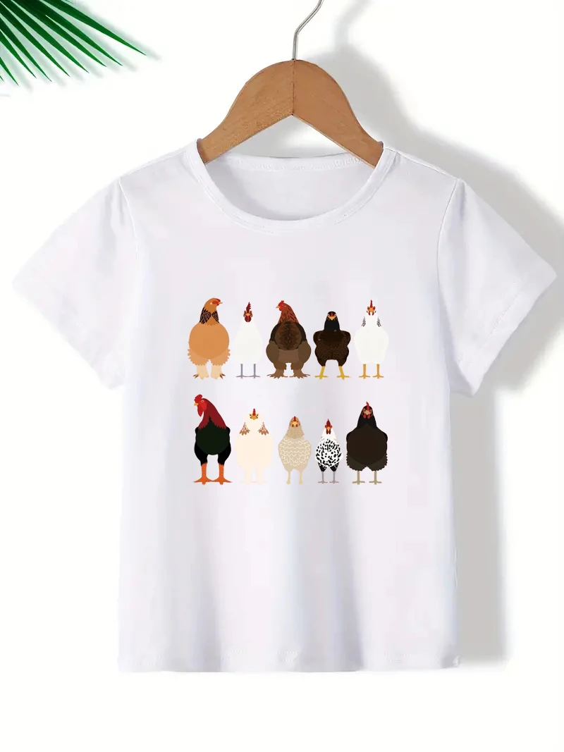 Cartoon chicken printed casual T-shirt for boys and girls, summer creative short sleeved round neck top