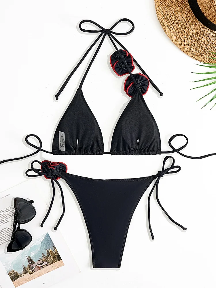 Costume da bagno donna bikini 2025 Nuovo bikini design halter rosa solido Set costumi da bagno sexy con lacci Costume da bagno estivo da spiaggia femminile