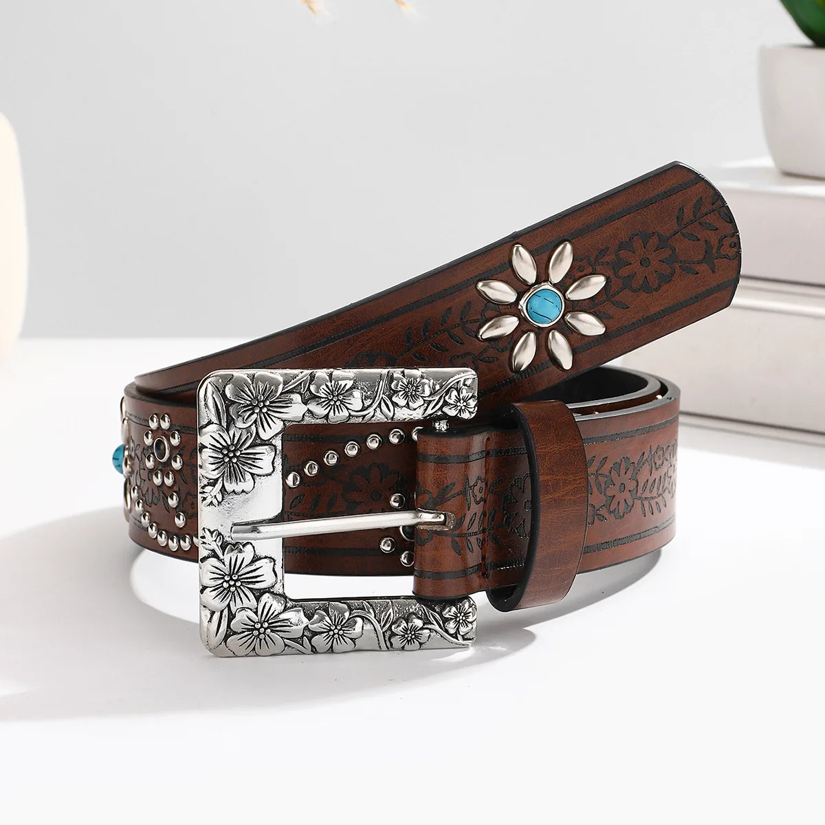 Original Design Coffee Embossed Pattern PU Waist Belts Women Vintage Metal Curving Buckle Strap Jeans Rivet Flower Studded Belts