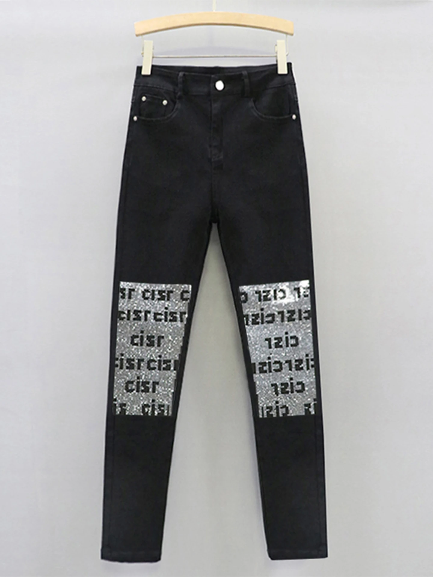 

Fashionable High-Waist Slim Fit Denim Jeans Women's Spring Summer New Style Rhinestone Embellished Elastic Pencil Pants
