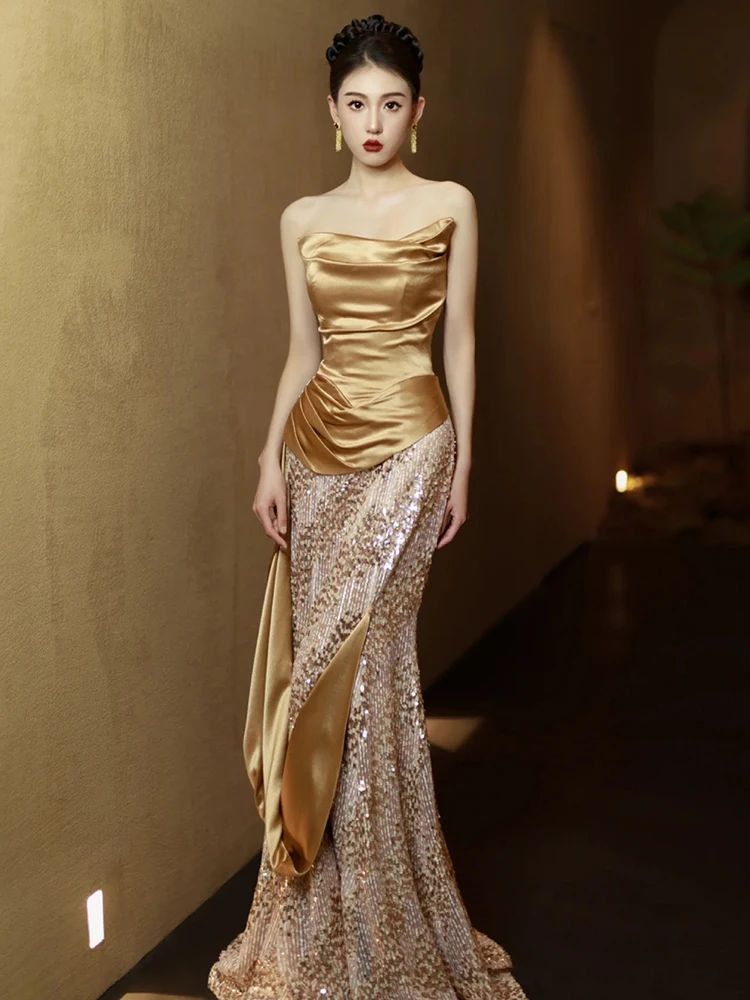 Opulent Golden Sequin Bustier Evening Dresses Celebrity Banquet Temperament Performance Long Dress 2024 New Bride Toast Gowns