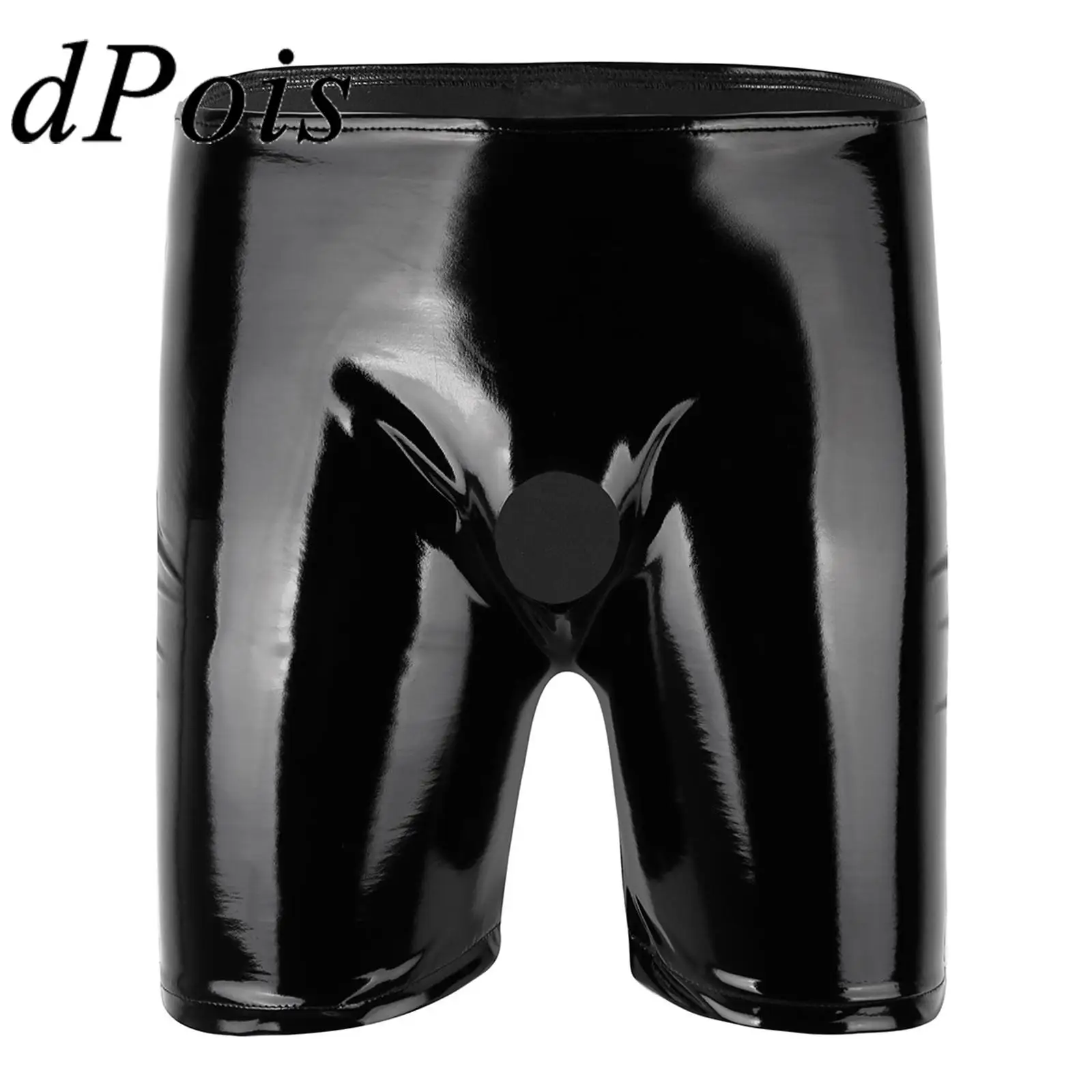 Mens Shiny Sexy Boxer Shorts Underwear Wetlook Patent Leather Open Penis Hole Shorts Short Pants Hommes Gay Men\'s Shorts