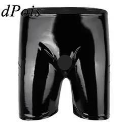 Mens Shiny Sexy Boxer Shorts Underwear Wetlook Patent Leather Open Penis Hole Shorts Short Pants Hommes Gay Men's Shorts