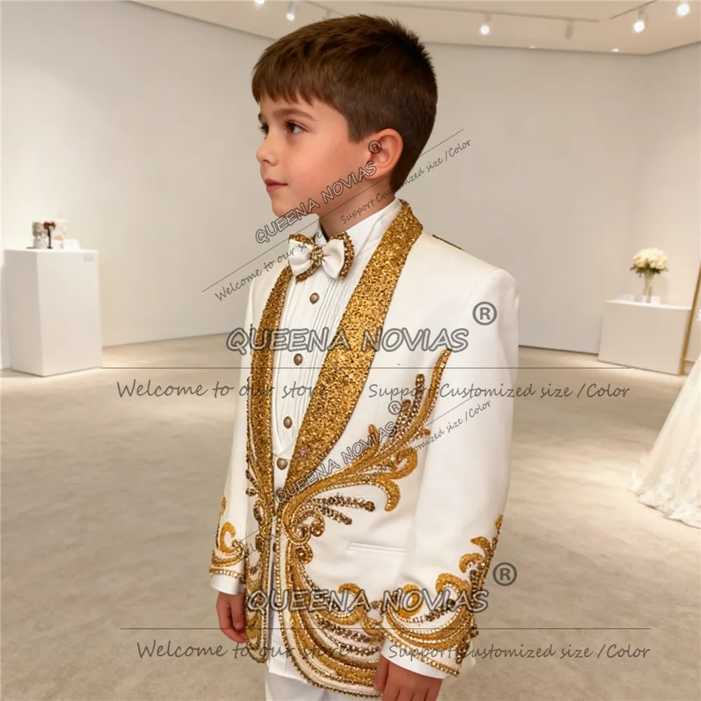 Traje de lujo con cuentas de cristales para niños, conjunto de 3 piezas, esmoquin de boda para niños, solapa de lentejuelas brillantes personalizada, trajes de baile para niños