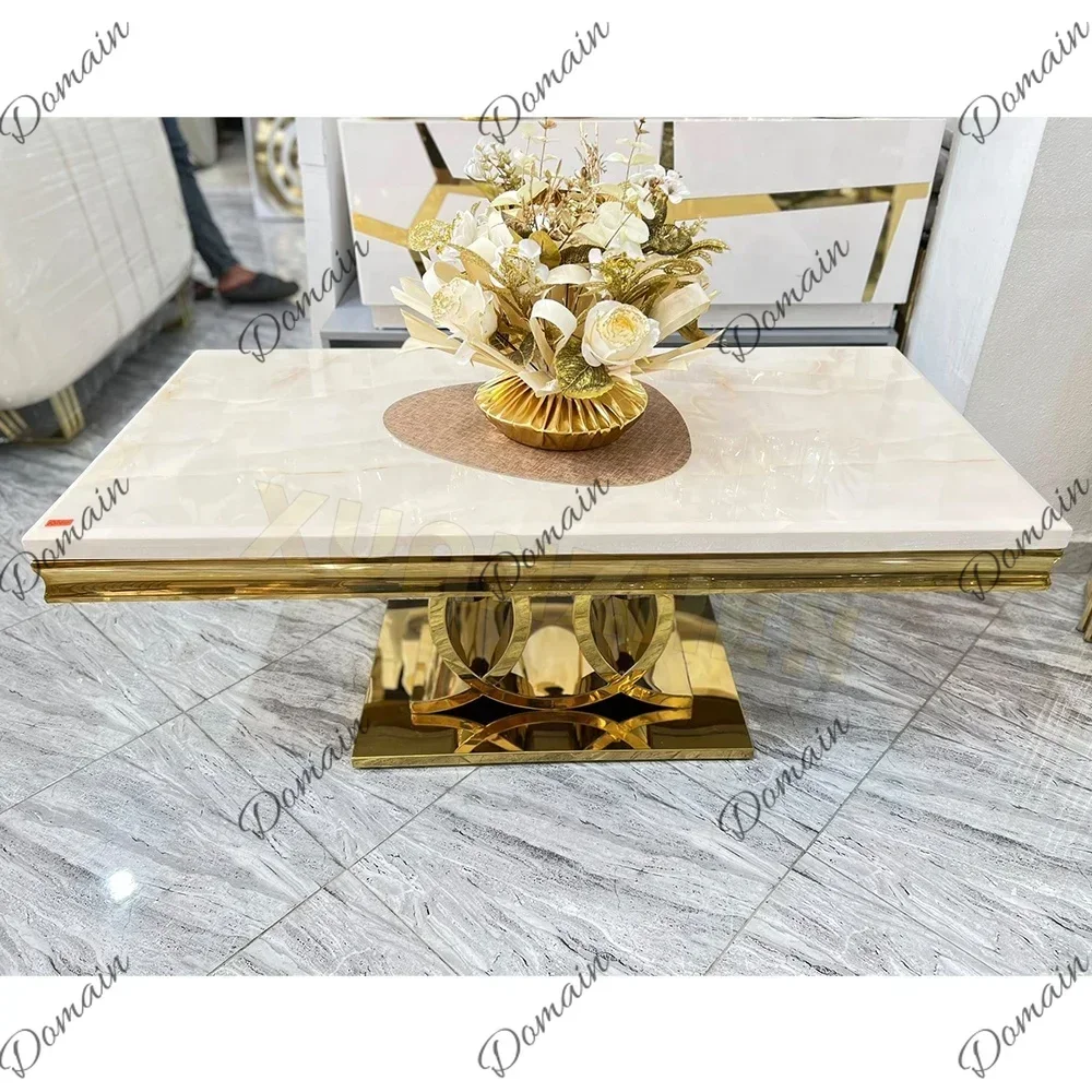 YT Loom Furniture Italian Center Table Stone Gold Metal Nordic Travertine Luxury White Marble Coffee Table For Sale