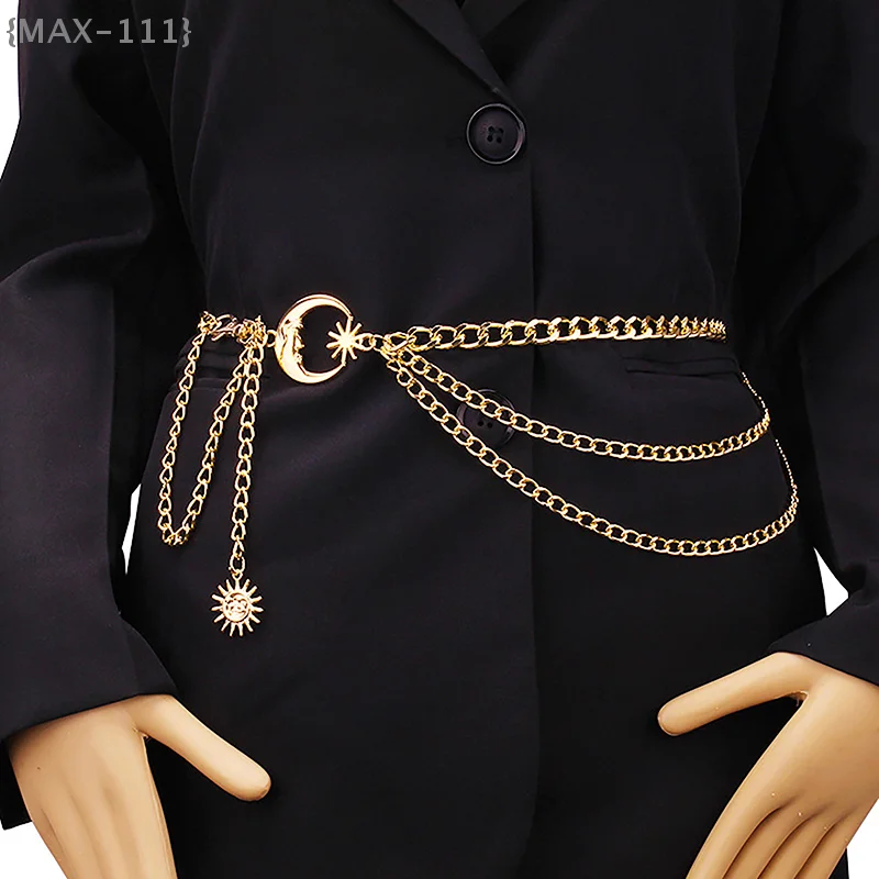【F2-MAX111】Damen-Taillenkette mit Mond- und Sternmotiv für Kleider und Röcke – Gold-Silber Damenbekleidung Taillenbänder Ketten-Accessoire Schmuck