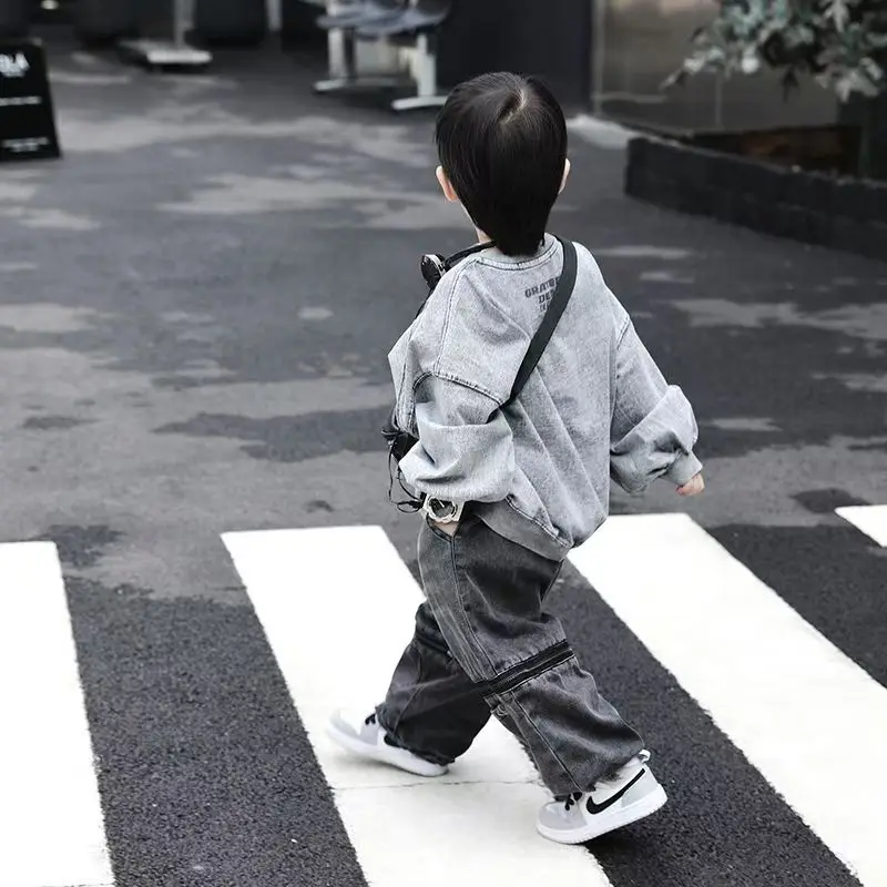 طقم رعاة البقر برقبة مستديرة قابل للغسل للأولاد ، سويت شيرت وبنطلون جينز ، ملابس الشارع الكورية من الدنيم ، شخصية قديمة ، 2 ، الربيع والخريف