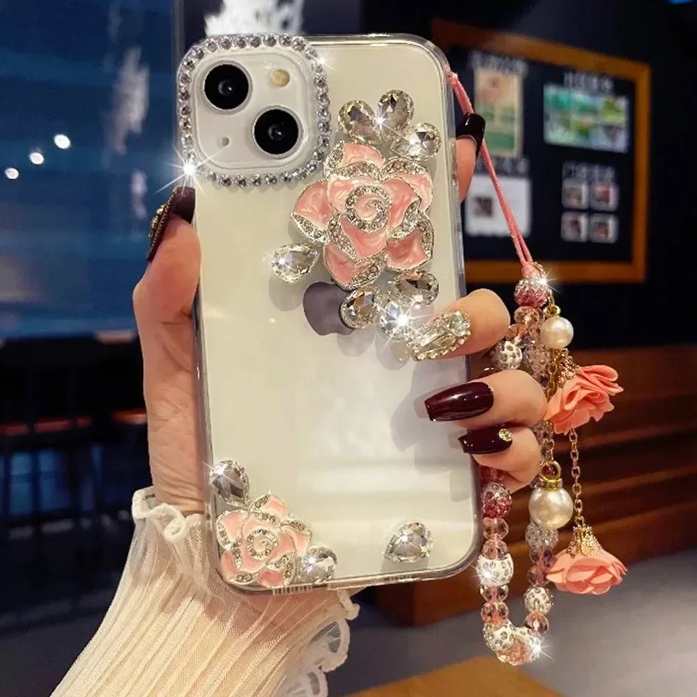 Bling Luxury Diamond Camellia Flower Strap Phone Case For Samsung Galaxy S24 Plus S21 FE S22Plus 23 Ultra Note20 Ultra 10 Covers