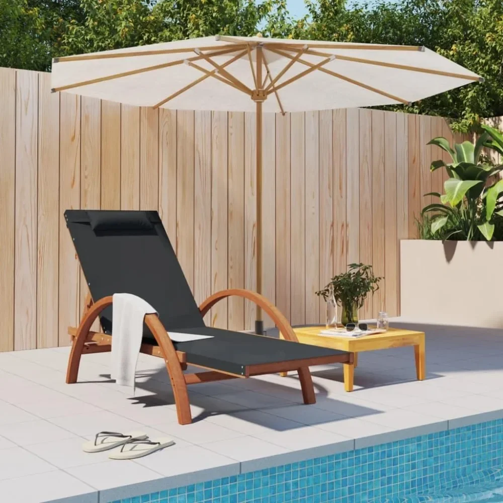 Sun Lounger with Pillow Gray Textilene and Solid Wood Poplar,Premium Sun Lounger with Adjustable Backrest and Elegant Armrests