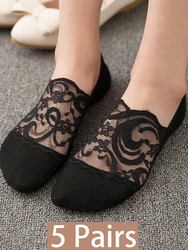 5 Pairs/Lot Socks Women's Lace Invisible Transparent Summer No-Show Ankle Short Low Cut Black White Set  Silicone Non-Slip Boat