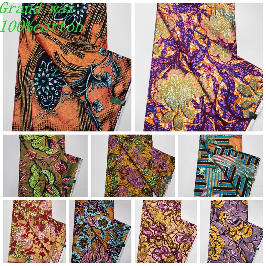 

New Pagne African Grand Wax Fabric Glitter Golden Ankara Batik 100 Cotton Material Nigerian Real Good Quality For Sew Uniform