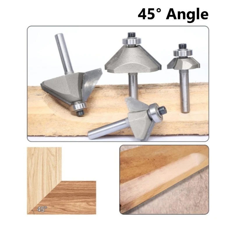 4Pcs 45 Degree Chamfer Routers Bit Set Eased Edges Cutter Shank Profiling Edging for Woodworking Projects