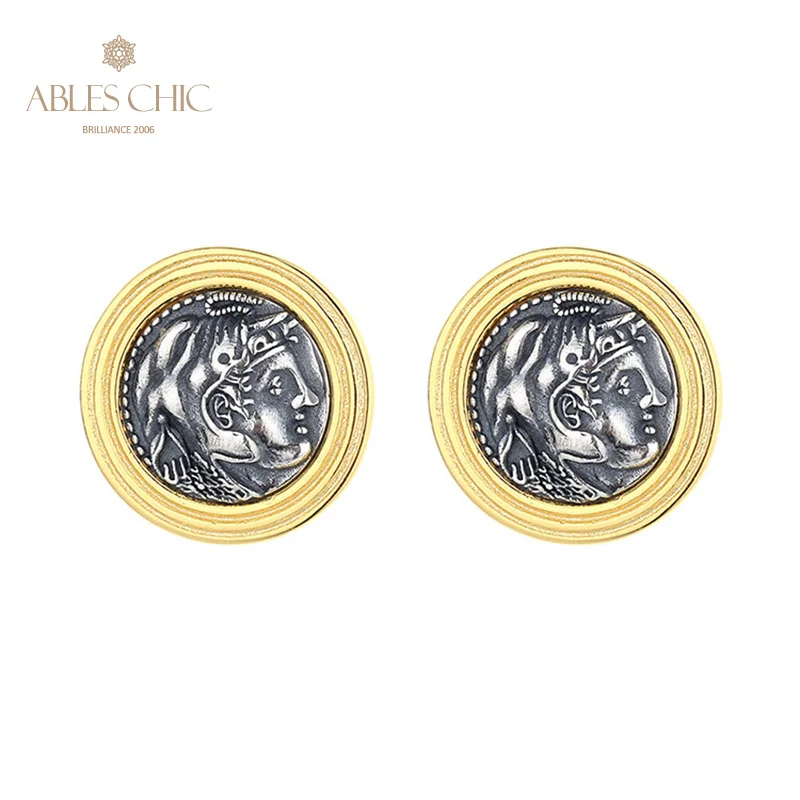 Ables Chic Alexander the Great Elephant Helmet Greek Replica Silver Coins Solid 925 Silver Roman Coin Stud Earrings E1072