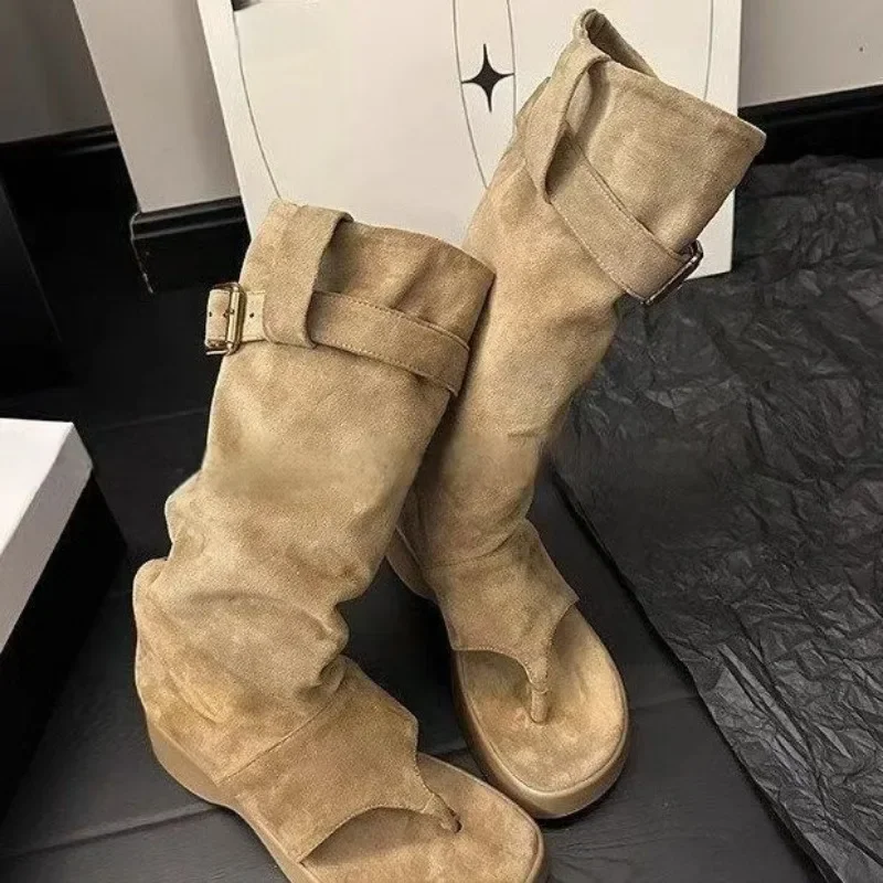 Spicy Girl Khaki Black Imitation Deer Skin Round Toe Platform Belt Buckle Casual Half Boots Boots Women's Summer Shoes