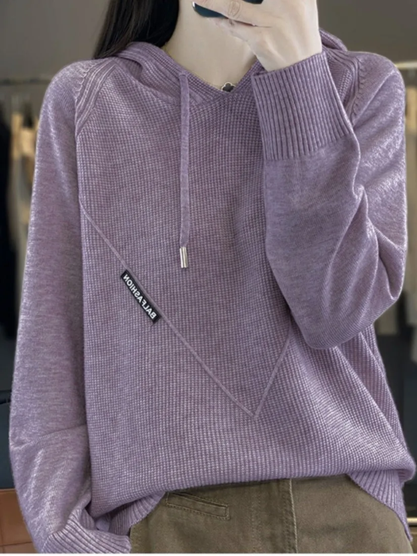 Lockerer Damen-Strick-Hoodie Thermal Irt Casual Sle Polyester und Camere Blend Long Sve Winter Faion Top