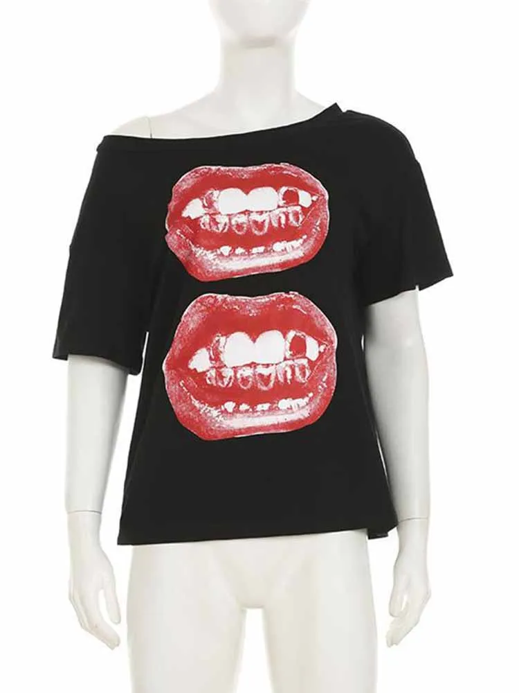 Y2K spicy girl style slanted shoulder short sleeved retro tooth print red lip print loose off shoulder T-shirt