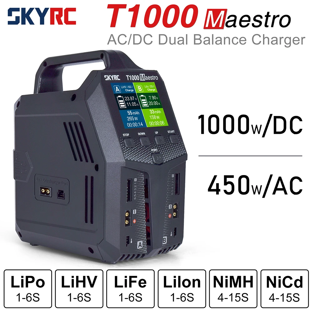 

Зарядное устройство SkyRC T1000 Maestro DC 1000W / AC 450W с двумя портами, интеллектуальное, для LiPo, LiHV, LiFe, NiMH, NiCd 1-6S, с функцией разрядки