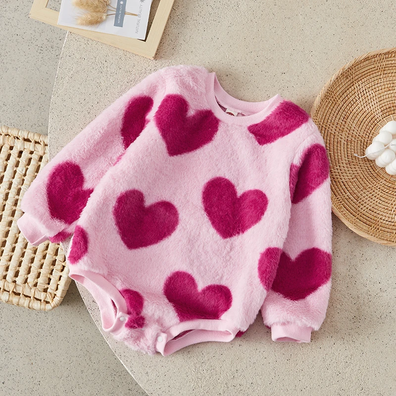 Suefunskry Baby Girls Fuzzy Romper Infant Sweet Heart Print Round Neck Long Sleeve Bodysuit Newborn Jumpsuit for Winter