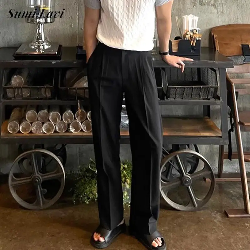

New Casual Solid Color Suit Pants Mens Spring Autumn Fashion Pleated Draped Loose Trousers For Men Vintage Loose Straight Pants