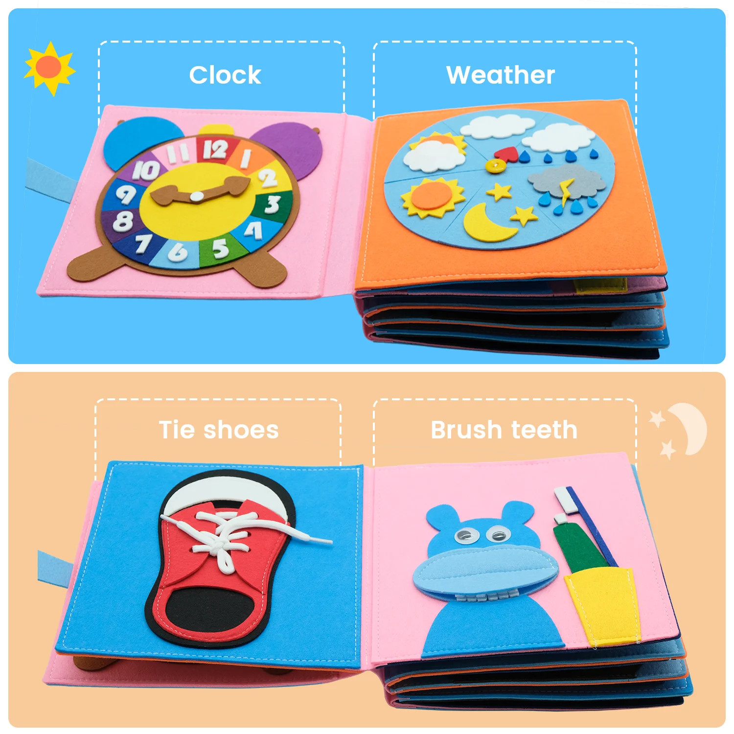 Baby Montessori Busy Book Math Early Learning Toys Cloth Book Basic Life Skill Teaching Brush Teeth/Clock/Weather/Tie Shoes