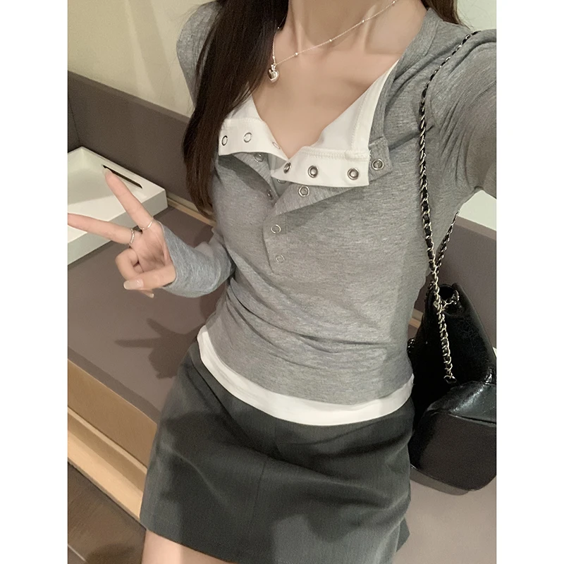 New Fashion Patchwork Buttons Half Open Collar T-shirts Women New Autumn Winter Long Sleeve Slim T Shirt Korean Female Tops