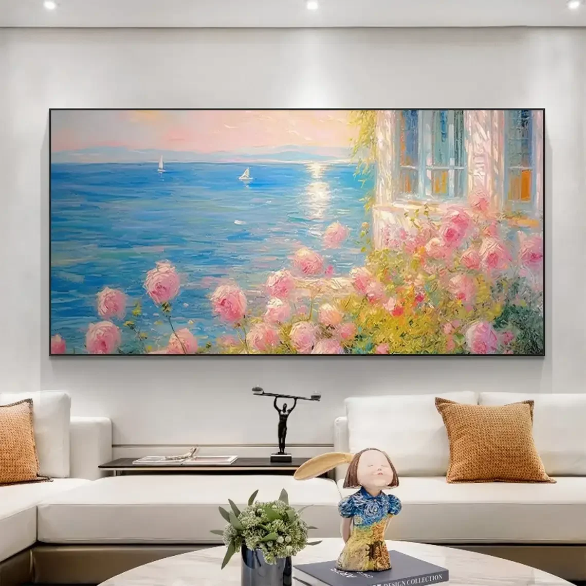 Großformatige Landschafts-Leinwandmalerei, modernes Wandgemälde, abstrakte rosa Rosenkunst, wunderschöne Landschaftsmalerei, Wohnzimmerwand d