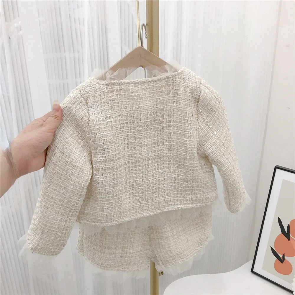 2023 moda bambini vestiti Set primavera bambino neonata pizzo solido Tulle cappotti + pantaloncini 2 pezzi neonate abbigliamento Outfit