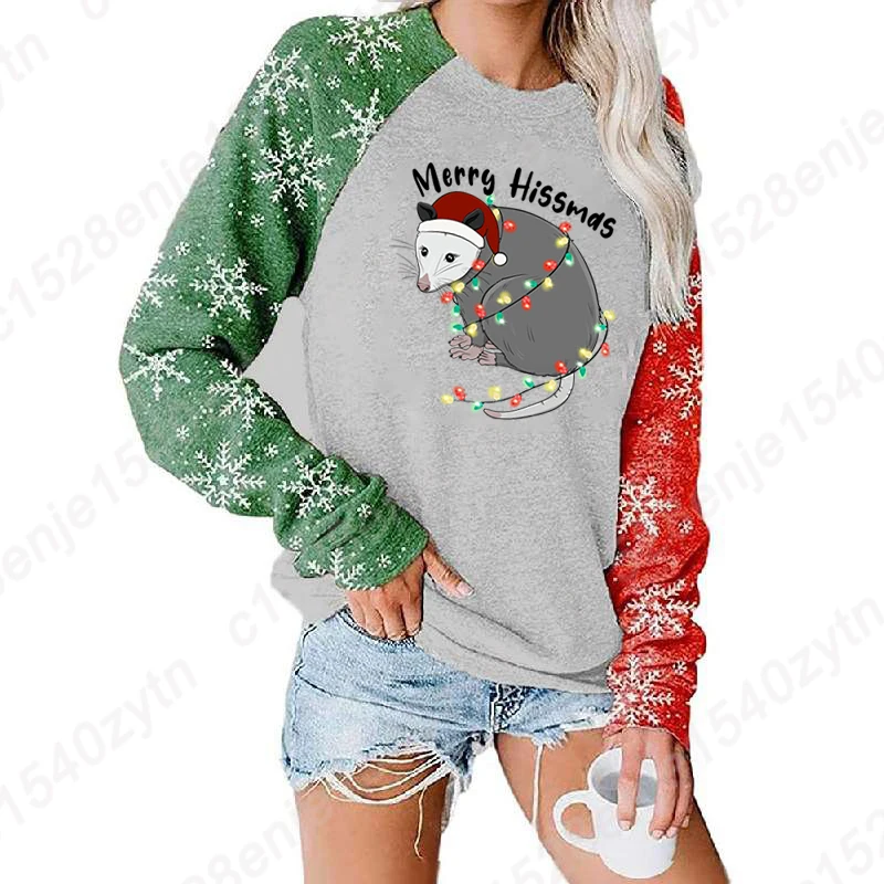 Women Long Sleeve Oversized Shirt Christmas Light Opossum Merry Hissmas Print Sweatshirt Loose Casual Crew Neck Top Soft T-Shirt