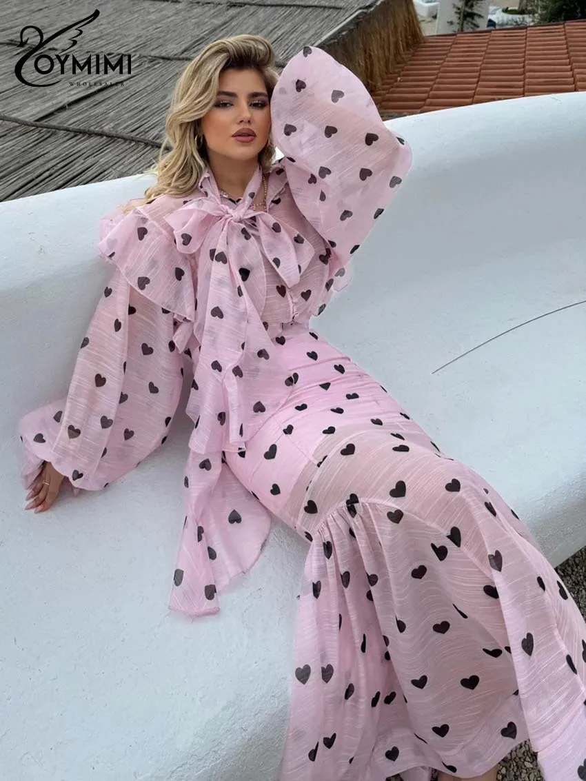 Oymimi Casual Pink Print 2 Pieces Set For Woman Fashion Lace-Up Puff Sleeve Button Shirts And High Waist Ruffled Skirts Sets