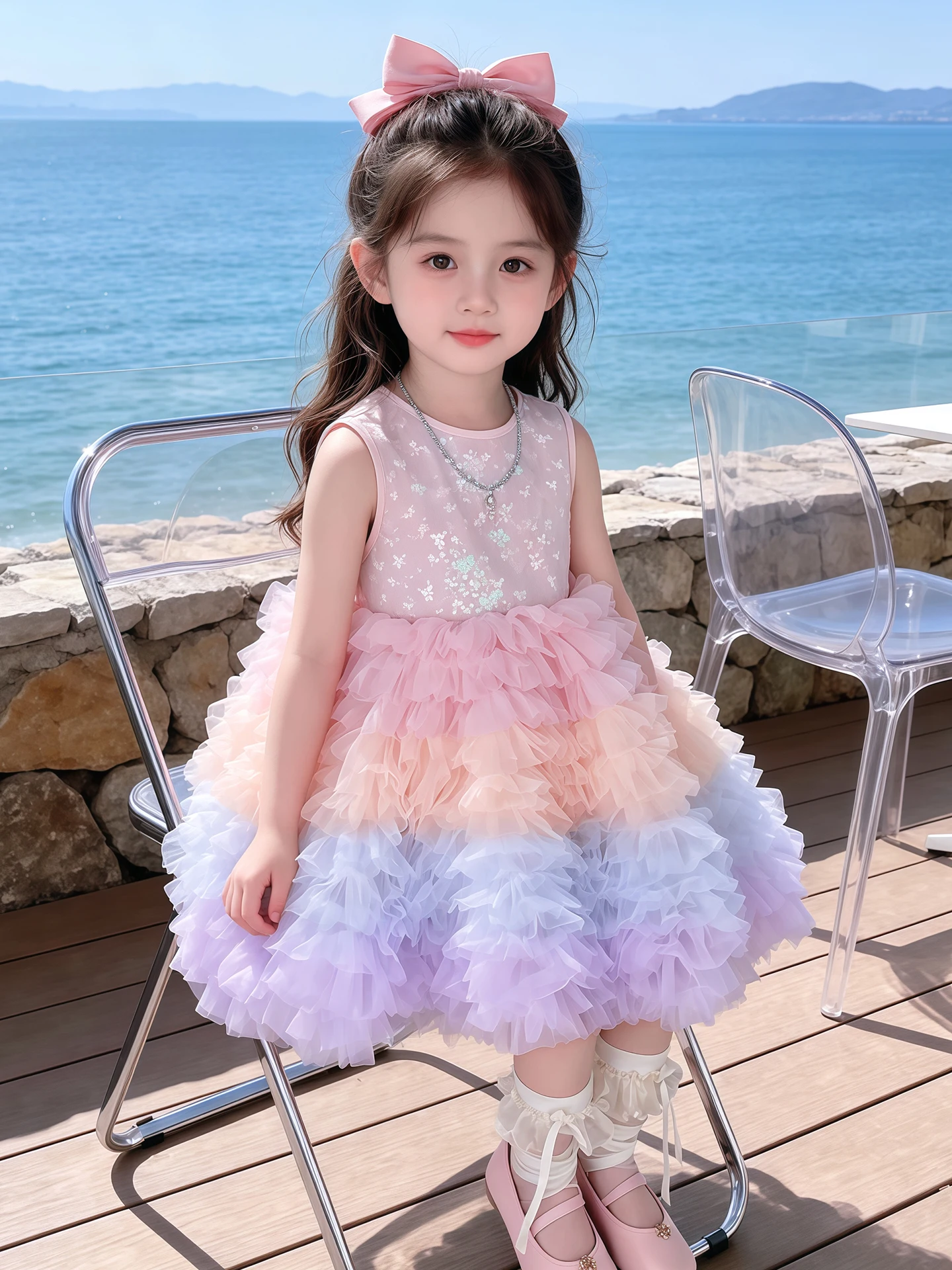 Vestido de Princesa com Cores em Gradiente para Meninas, Novo Estilo de Verão, Vestido de Tule para Crianças, Saia de Princesa Respirável e Macia
