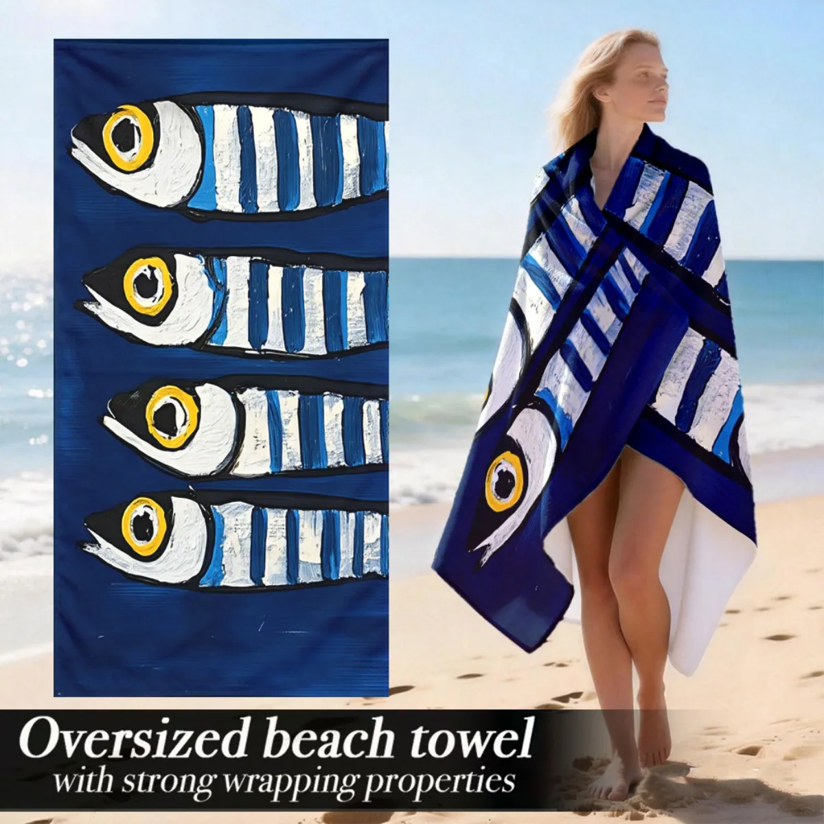 Blue Fish Beach Towel, Abstract Striped Pattern, Ocean Art Design, Quick Dry Microfiber, Gift for Sea Lovers