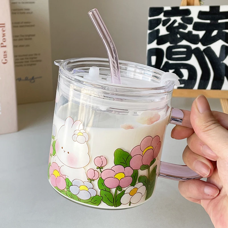 Kawaii Animal Glass Cup With Lid Straw Cute Flower Coffee Mug Milk Wine Hot Drinks Korean Water Juice Cup Drinkware Gift 600ml