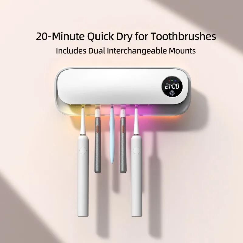 

УФ-стерилизатор для зубных щеток с быстрой сушкой за 20 минут, двойным креплением и перезаряжаемым держателем для чистки зубных щеток для ванной комнаты и семейного использования