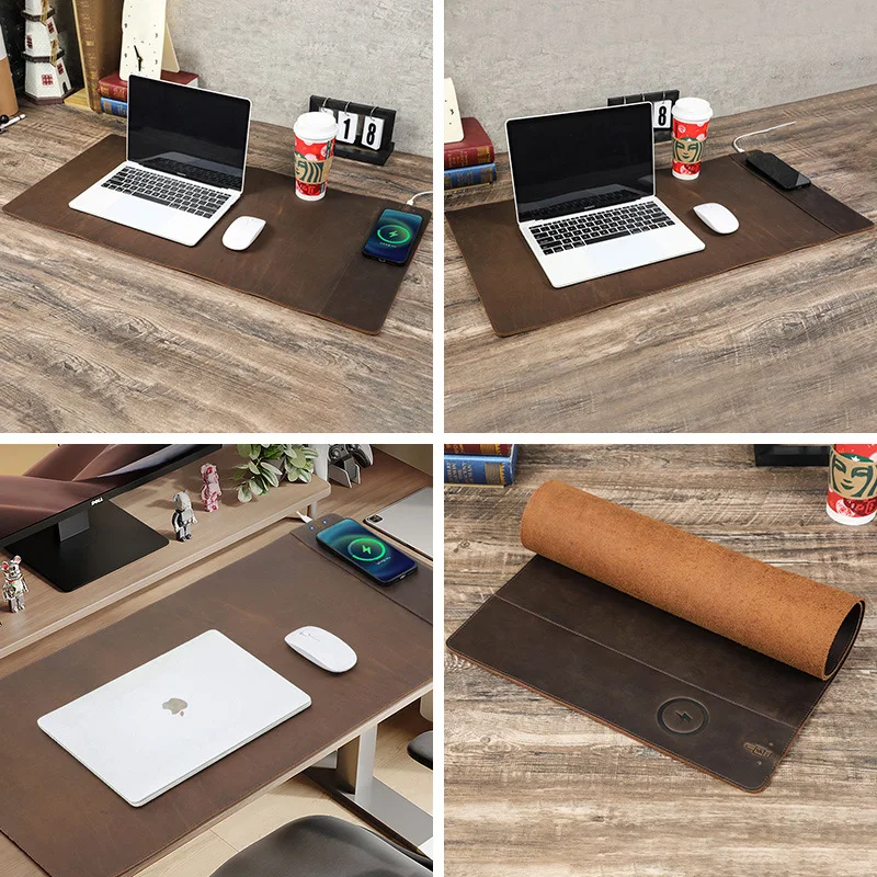 80*40cm hand-made genuine leather cowhide mouse pads with ‌15W wireless charging waterproof keyboards computer desk office mat
