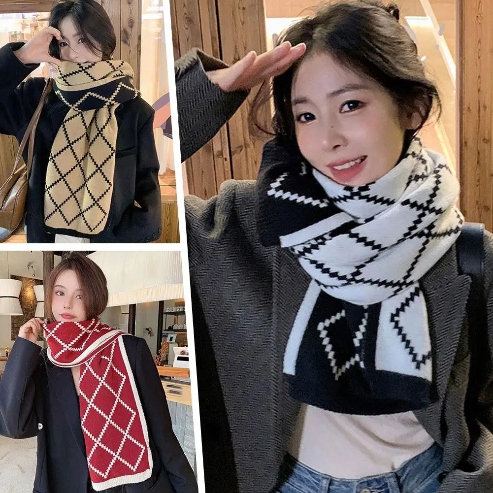 New Year Christmas Plaid Knit Scarf Female Winter Warm Neck Protection Soft Long Wrap Shawl Comfortable For Outdoor Cycling I2E0